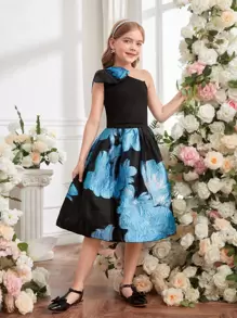 女童无袖黑色蝴蝶提花优雅蓝色卢勒克斯连衣裙 - 黑色 - 查看 6