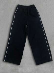 SHEIN EZwear Women Contrast Trim Drawstring Waist Wide Leg Sweatpants - Black - View 2