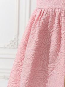 SHEIN Leap Crew Tween Girls Elegant Gold Thread 3D Floral Lace Trim Ruched Tiered Ruffled Cap Sleeve V-Neck A-Line Dress - Pink - View 5