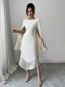 Chiquease Elegant Women's Music Festival Tassel Trim Waist Long Sleeve Dress - Apricot - View 4