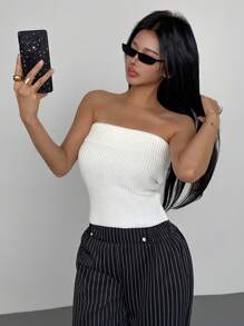 INAWLY Solva Women Casual Minimalist Solid Color Tube Top Knit Pullover Fall Winter - White - View 4