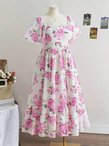 Dreamara Plus Size Women Vintage Purple & White Floral Print Ruffle Sleeve Elastic Waist Long Casual Vacation Dress, Back To School, Cute, Casual, Bachelorette Party, Summer - Multicolor - View 7