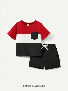 Cozy Pixies 2 Stücke/Set Baby Jungen/Mädchen Farbblock-Naht Rundhals Kurzarm-Top und Sport-Shorts