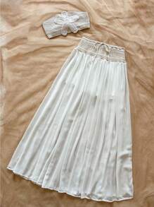 Soleia Women Crochet Knitted 3D Flower White Bandeau Top And Crochet Waist Chiffon Skirt Set, Beach Holiday Outfit, Suitable For Spring And Summer In Fall/Winter - White - View 6