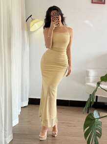 Gloray Elegant Spaghetti Strap Gold Metallic Fitted Mesh Fish Tail Dress, Women Spring/Summer
