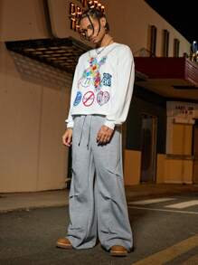 PAVTROS Manfinity Streetrush Manfinity Streetrush Casual American Design Flared Leg Loose Fit Sweatpants, Versatile,Boyfriend Gifts, Sweatpants Men S, Men Baggy Sweats, Men Men Sweatpants - Grey - View 5