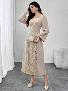 Modelyn Sequin Mesh Casual Dress, Minimalist & Fashionable For Daily Wear - Apricot - View 5