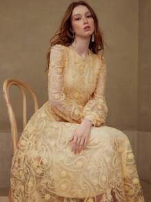 MOTF PREMIUM FLORAL EMBROIDERY CONTRAST MESH DRESS - Yellow - View 5