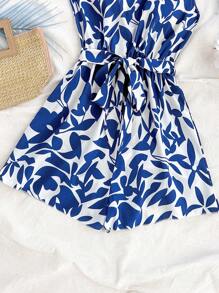 Soleia 女士复古蓝白印花单肩扭腰宽松连体裤，适合派对、约会、夏装、沙滩度假、音乐节 - 藍白色 - 查看 4