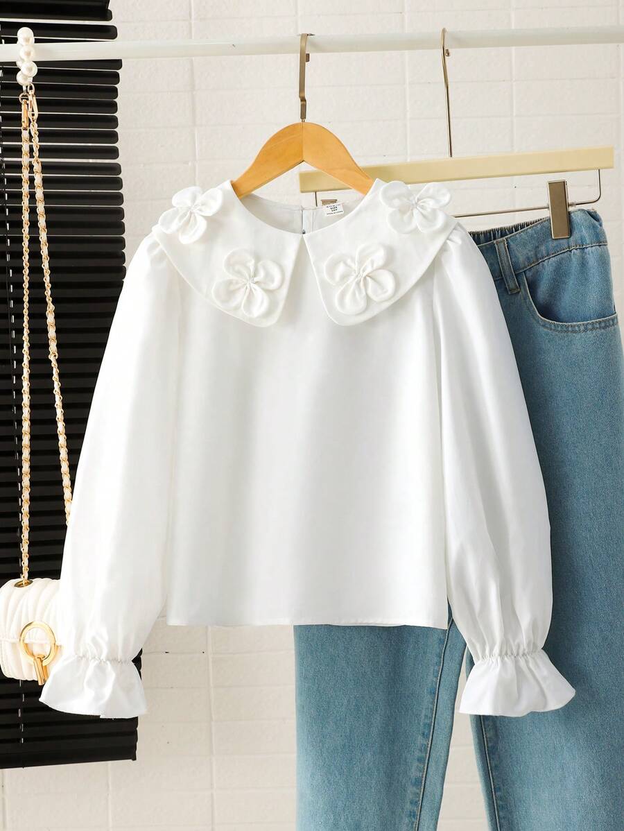 SHEIN Leap Crew 青少年女孩宽松休闲超大荷叶边领口 3D 花卉造型 A 字衬衫