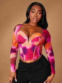 SHEIN SXY Top a bustier in rete con stampa astratta tie-dye, taglia grande, novità primavera/estate 2025, adatto per vacanza al mare, San Valentino, appuntamenti, compleanni, addio al nubilato, casual, shopping, uscite, facile da abbinare, snellente, valorizza la figura