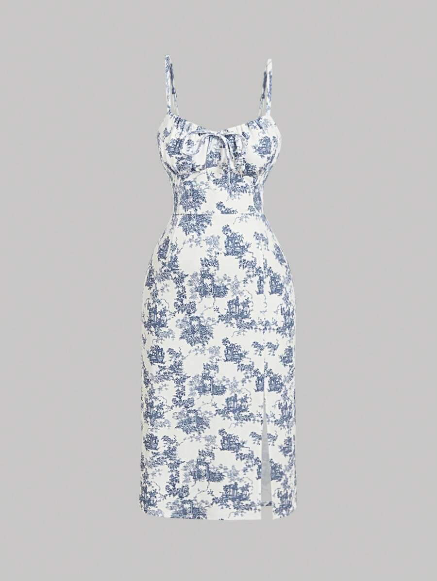 SHEIN MOD Plus Size Women Retro Floral Print Cami Midi Dress - Blue and White - View 1