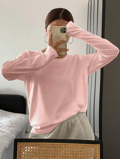 DAZY قميص كاجوال للنساء بأكمام طويلة وياقة مستديرة، لون أحادي، ملابس خريفية ذات طراز بريبي