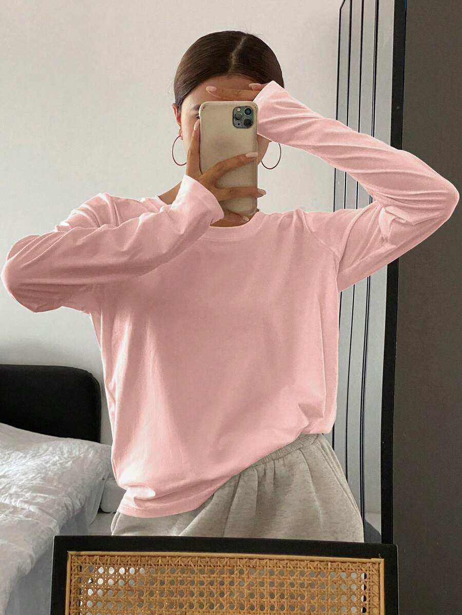 DAZY 女士休闲纯色圆领长袖 T 恤，秋季服装学院风上衣 - 粉色 - 查看 1