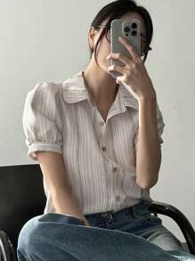 DAZY 新品春季波西米亚风格海滩度假条纹荷叶边袖女式衬衫秋季