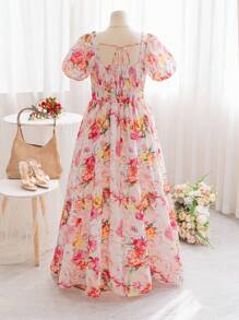 Soleia Robe maxi à manches bouffantes, col carré, à imprimé floral romantique, pour femmes grandes tailles. Style vacances de printemps