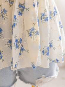 Dreamara Plus Size Women Sweetheart Neck Bowknot Tied Ruffle Cap Sleeve Back To School Casual Cute Lunch Blue & White Embroidered Blouse - Multicolor - View 3