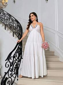 SHEIN Privé Abito lungo da donna in chiffon con scollo a sbuffo e maxi balza, adatto per resort, matrimonio, uscite, appuntamenti al mare, stampa floreale a contrasto di colori, abito lungo da resort tropicale
