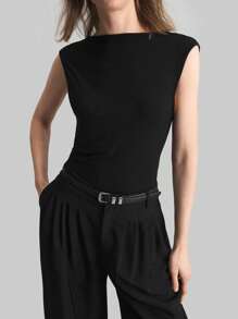 Ontre 女士黑色优雅简约复古硬币图案露背垂领吊带背心上衣，适合办公室穿着