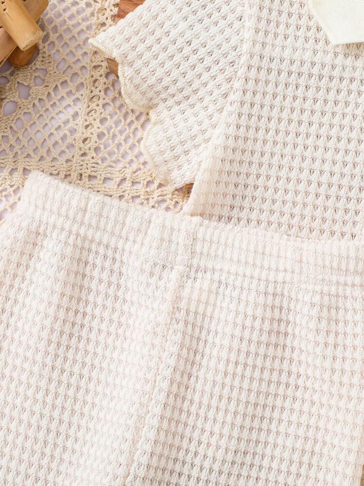 SHEIN Vintaside Kids 2pcs Cute Baby Girl Set,White Summer Vacation Outfit,Crochet Knit Ruffled Collar Button Top & Loose Wide Leg Pants,1 Year Old Minimalist Elegant Suit - Apricot - View 6