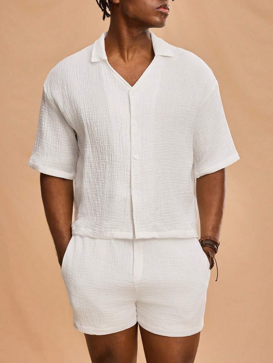 Forever 21 Herren Einfarbiges Kurzarm Hemd und Shorts Set - Weiss - Übersicht 1
