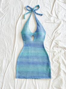 Soleia 度假V领露背渐变色针织连衣裙，适合度假，约会，下午茶，音乐节，波西米亚风 - 藍色 - 查看 7