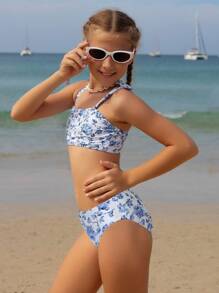 SHEIN Tween Girl Retro Blue & White Floral Print Bikini Set, Cute Bow Splice Beach Swimwear, Suitable For Summer Beach Holiday Swimming