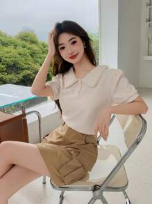 DAZY Women Plain Simple Style Casual Daily Wear T-Shirt Summer - Khaki - View 2