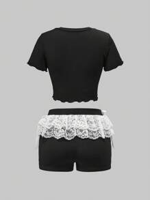 ROMWE Street Life Conjunto de 2 piezas de top de manga corta con cuello en V y estampado de carta y shorts de estilo casual de ballet multicapa con lazo para niña atlética - Negro - Ver 2