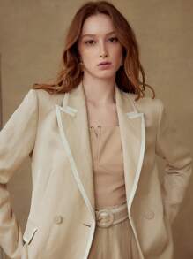 MOTF PREMIUM ÁO BLAZER NHẸ VẢI LANH CỜ ĐÔI CỜ - Màu Khaki - Xem 2