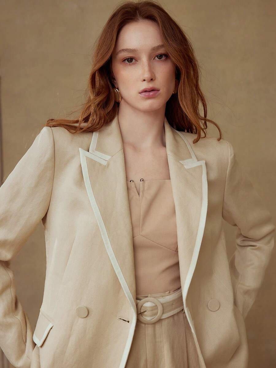 MOTF PREMIUM ÁO BLAZER NHẸ VẢI LANH CỜ ĐÔI CỜ - Màu Khaki - Xem 2