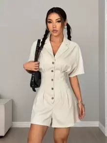 Flirla 女士有领短袖纯色纽扣连体衣 - 杏色 - 查看 6