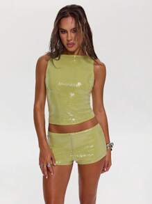 SHEIN BAE Shorts com Aplicação de Paetês de Cintura Baixa para Mulheres, Adequados para Festivais de Música, Saídas Noturnas e Festas Noturnas - Verde Menta - Visão 6