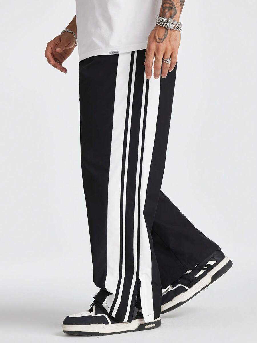 Manfinity RebelGame Quần ống đứng kẻ sọc ngang đơn giản cho nam - màu đen - Xem 1