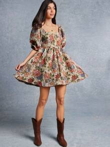 WESTFADE 春季花卉挂毯图案提花方领褶饰后背短款泡泡袖迷你连衣裙女牛仔风 - 彩色 - 查看 5