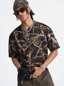 Manfinity VCAY 男士数码印花宽松针织短袖 T 恤 - 棕色 - 查看 3