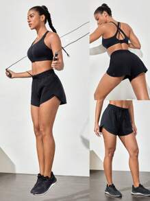 GLOWMODE Quần short cạp cao nhiều lớp VitalSwift 4,5" nhẹ có quần lót tích hợp, dây rút có thể điều chỉnh, mặc hàng ngày, mùa hè, nhanh khô, thấm hút mồ hôi, chống mùi hôi - màu đen - Xem 8