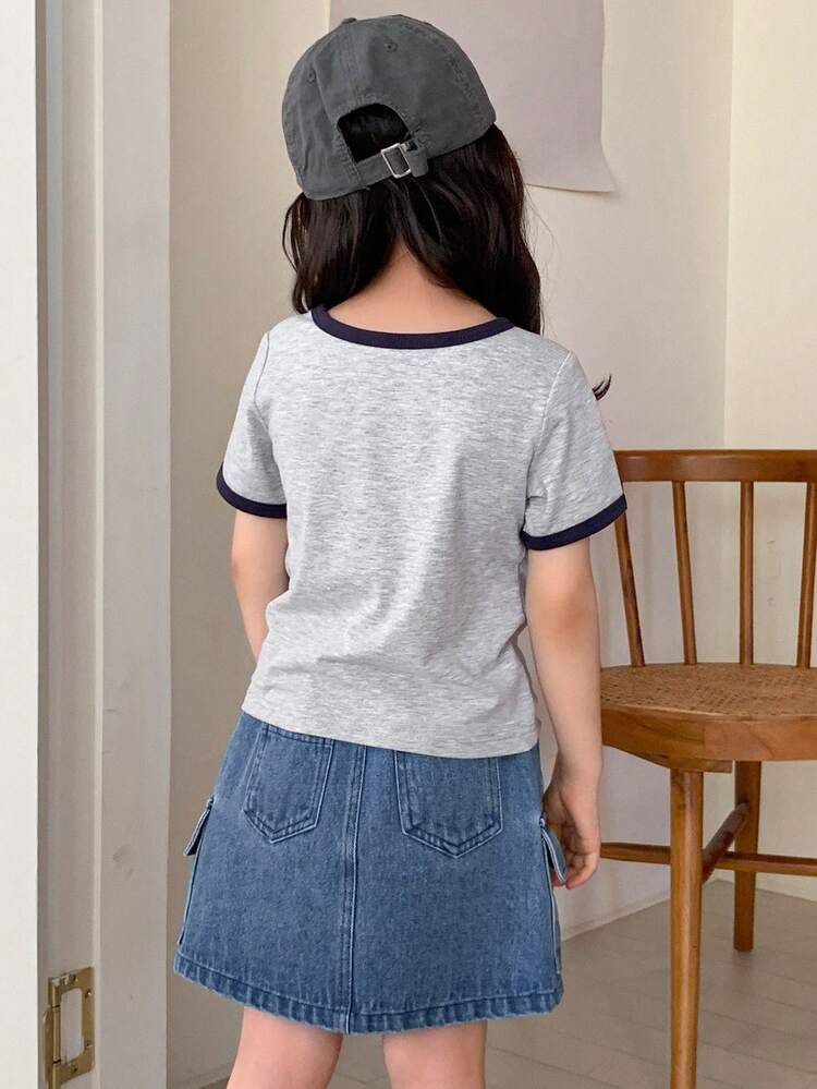 2pcs/Set Young Girl Casual Simple Short Sleeve T-Shirt And Shorts,Girls Summer Outfits