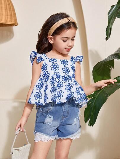 SHEIN Leap Crew 年轻女孩雪纺碎花甜心领荷叶边休闲衬衫