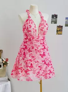 Soleia Plus Size Romantic Valentine's Day Floral Butterfly Print V-Neck Halter Mini Dress With Tie Detail And Ruffled Mesh, Summer - Multicolor - View 5