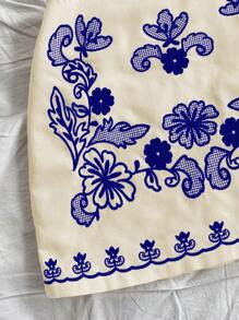 Soleia 2 件套：杏色背景蓝色花卉刺绣露背短款上衣，带后系带和 A 字迷你裙，度假装 - 藍色 - 查看 7