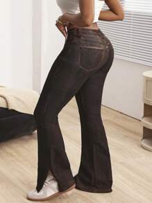 SHEIN ICON Women Pocketed Flared Casual Jeans - Brown - View 2