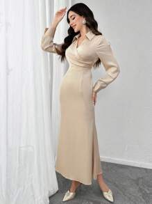 Modelyn Elegantes Satin-Kleid mit langen Ärmeln und figurbetonter Taille, Frühling 2025 Neue Kollektion Arabischer Stil Langes Kleid