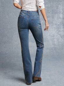 WESTFADE High Rise Western Embroidery Fitted Flare Denim Jeans Nashville Style - Medium Wash - View 3