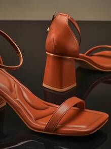 SHUZIA 畅销女式简约单带方头舒适中底斜跟PU棕褐色凉鞋 - 百搭、时尚、舒适