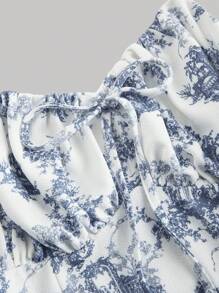 SHEIN MOD Plus Size Women Retro Floral Print Cami Midi Dress - Blue and White - View 3