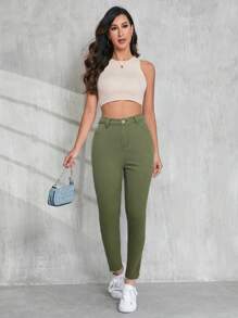 SHEIN Tall 白色女式牛仔裤休闲紧身弹力长裤返校正装裤子秋季白色女式牛仔裤教师裤子 - 軍綠色 - 查看 5