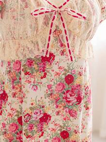 Soleia Vestido largo con estampado floral, mangas cortas de encaje y cintura ceñida, estilo romántico vintage, para mujer talla grande, primavera