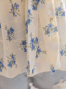 Dreamara Plus Size Women Sweetheart Neck Bowknot Tied Ruffle Cap Sleeve Back To School Casual Cute Lunch Blue & White Embroidered Blouse - Multicolor - View 8