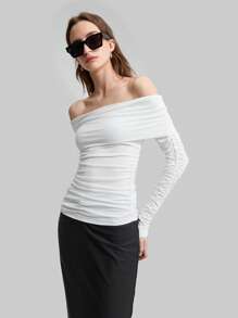Ontre Women 90s Style Off Shoulder Ruffle Long Sleeve Fitted Knit Top, White - White - View 2